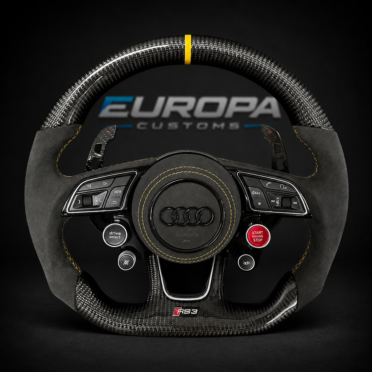 Audi Carbon Fiber Alcantara Steering Wheel with 4x R8 Buttons Yellow Stitching for A4 A5 Q5 S4 S5 SQ5 RS4 RS5